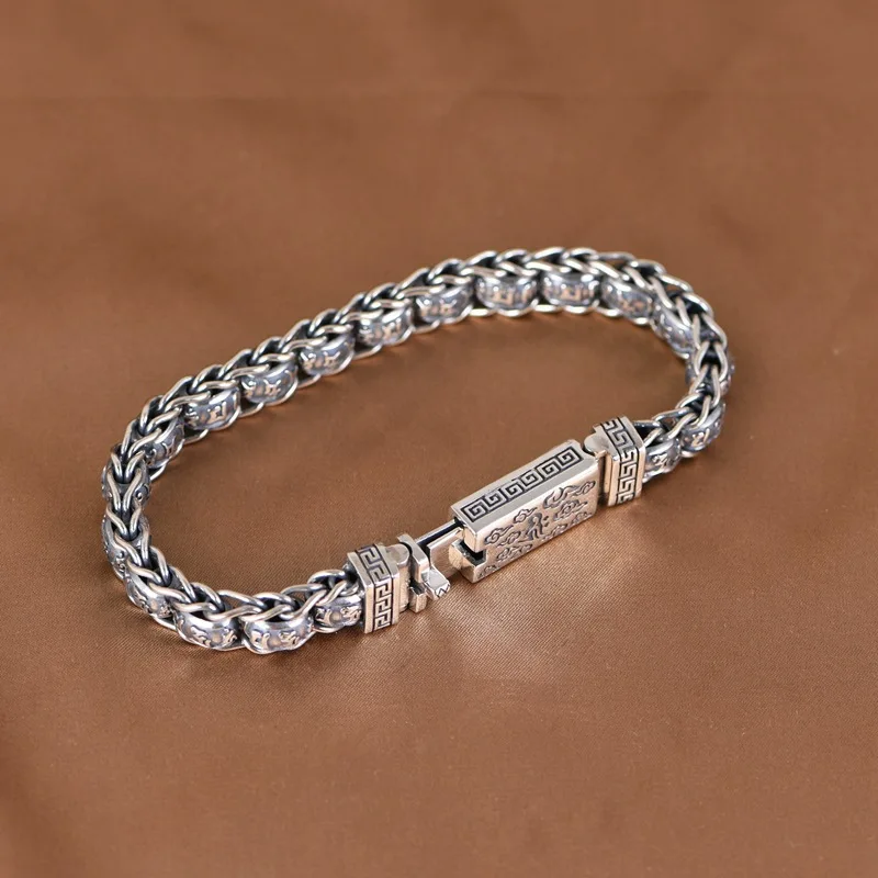 Retro Domineering Silver Bracelet Men Gift Tanggrass Pattern Exquisite Chain Male Party Birthday Hegemony Fashion Jewelry