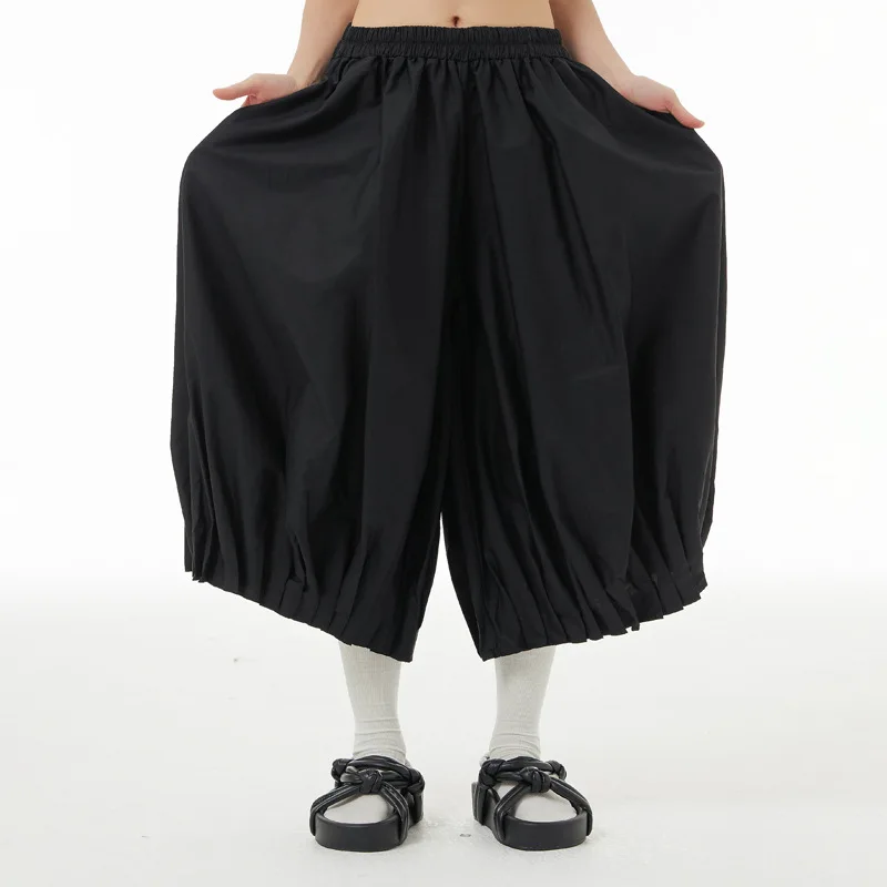 Korean style pleated cropped pants 2023 summer new loose and thin women's culottes wide leg pants 1332