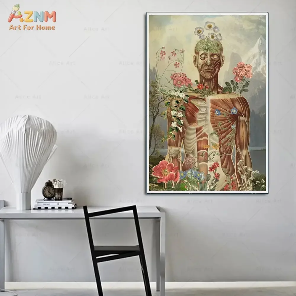 AZNM Vintage Anatomy Flower Canvas Wall Art Human Muscle Floral Surreal Print Poster Medical Office Decor Unframed Painting