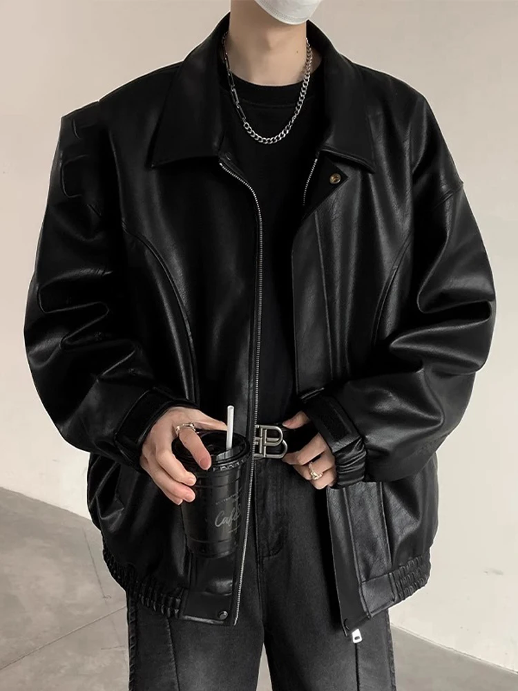 

Trendy American Sle Leather Jaet Men's Loose Fit Biker Clothes Turn-down Collar PU Leather Coat Autumn New Arrival