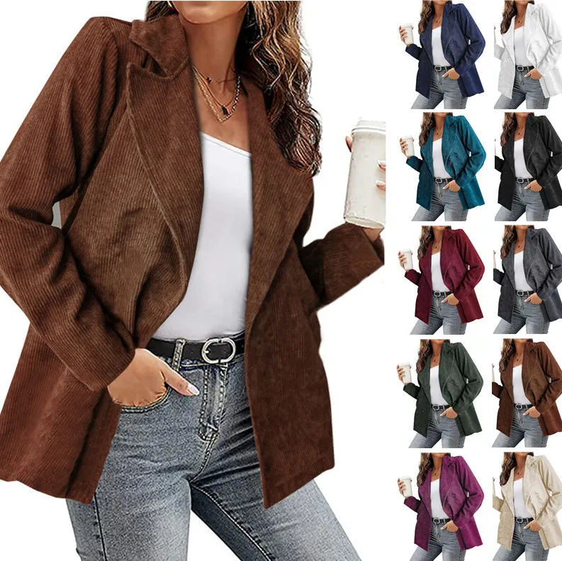 Popular women's clothing for autumn and winter solid color jacket suit corduroy cardigan jacket