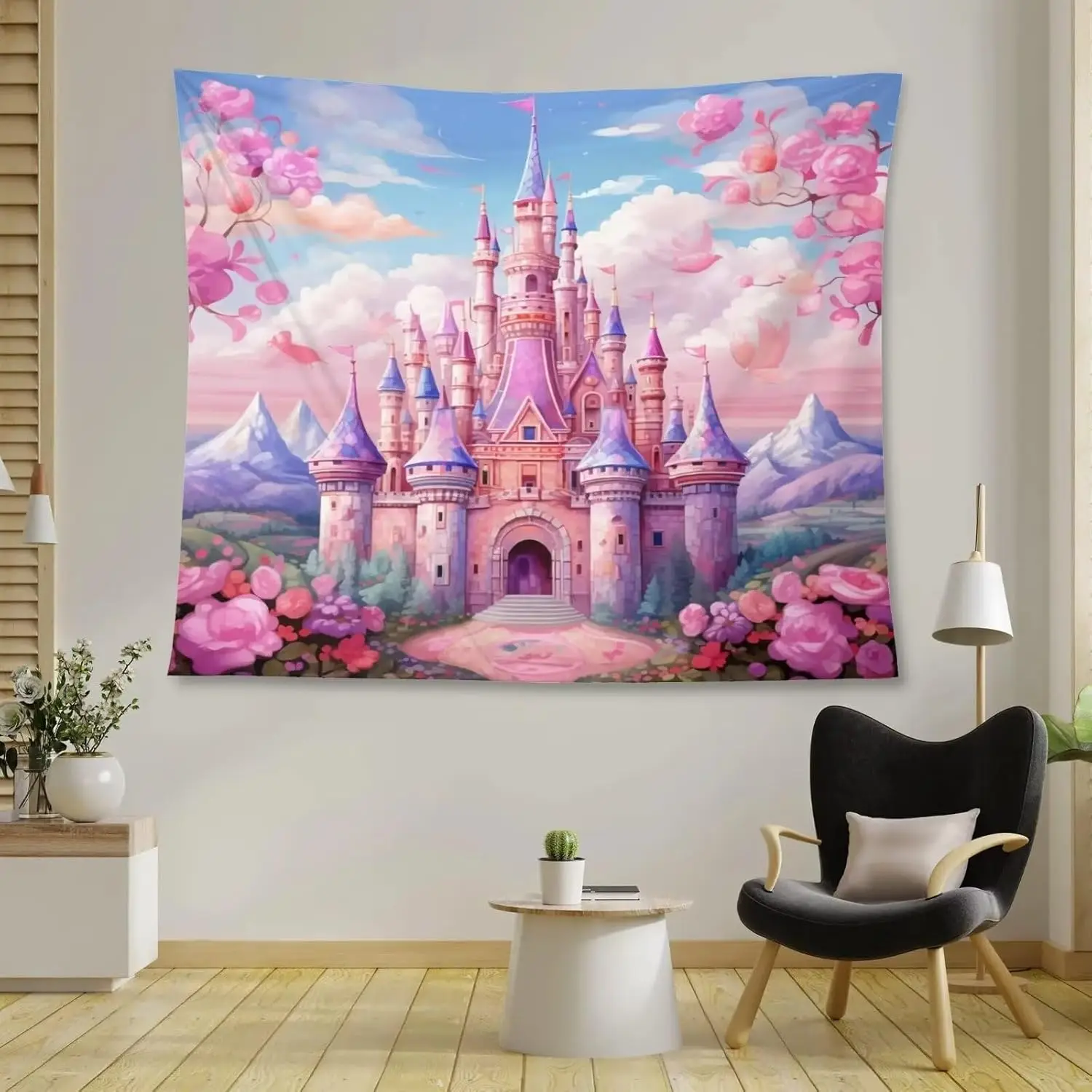 Pink Castle Tapestry Fantasy Fairy Tale Wonderland Botanical Flower Princess Castle Tapestries for Nursery Boys Girls Bedroom
