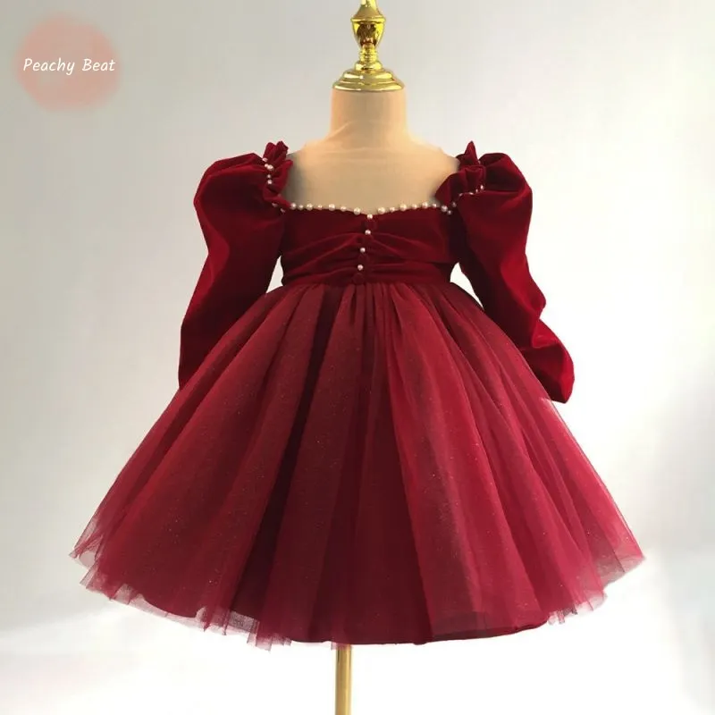 Newborn Baby Girl Princess Xmas Red Pearl TuTu Dress Puff Long Sleeve Child Tulle Vintage Winter Evening Gown Baby Clothes 1-12Y