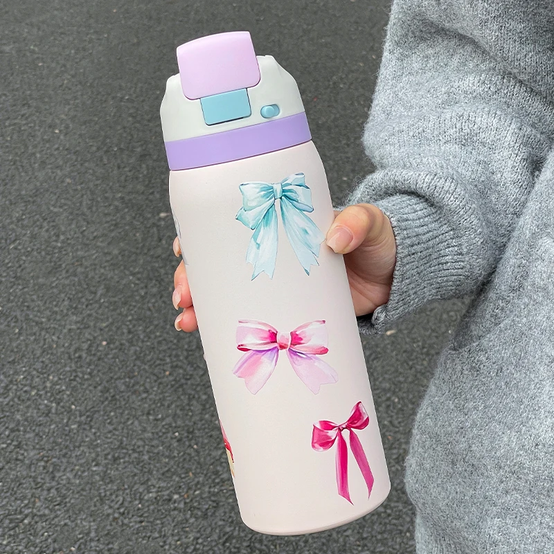 1pc  Floral Thermos Cup, 1000ML Large Capacity Stainless Steel Water Bottle, Dual Drink Design with Handle for Outdoor Sports