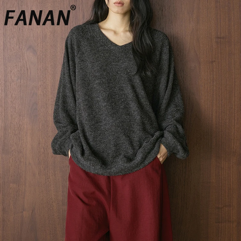 

FANAN Dark Gray Long Sleeve T-shirt For Women V Neck Korean Style Casual Loose Bottoming Tops Female Clothing Fashion Winter New