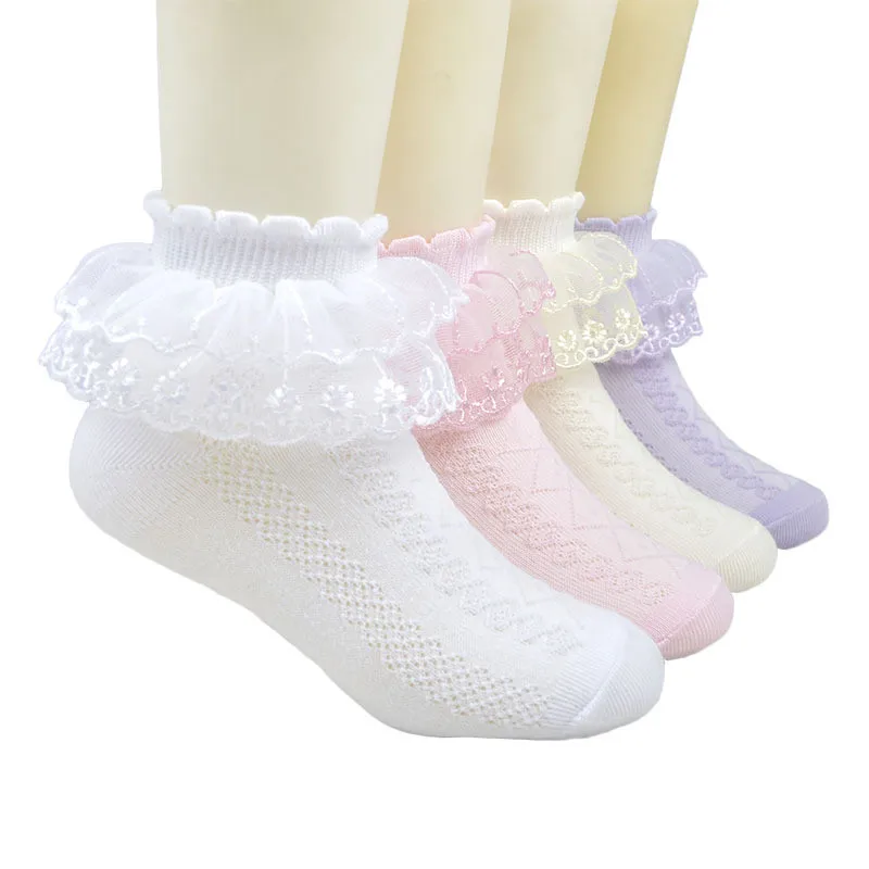 3 paia di calzini di fiori con occhielli in cotone Toddler Baby Child Girls Ruffle Lace Ankle Cotton Dress Socks Princess Summer