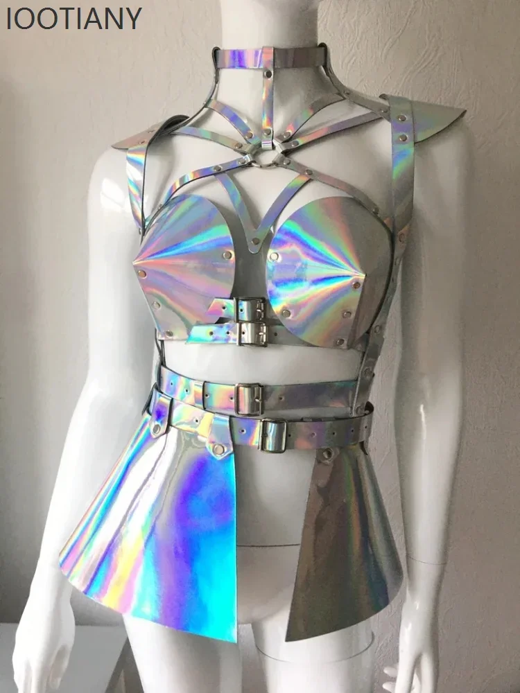 

CosplayMusic Festival Women's Shiny Leather Corset Waistband Sexy Skirt Ruffled Hem Gothic Straps Costume Stage Cosplay Performa