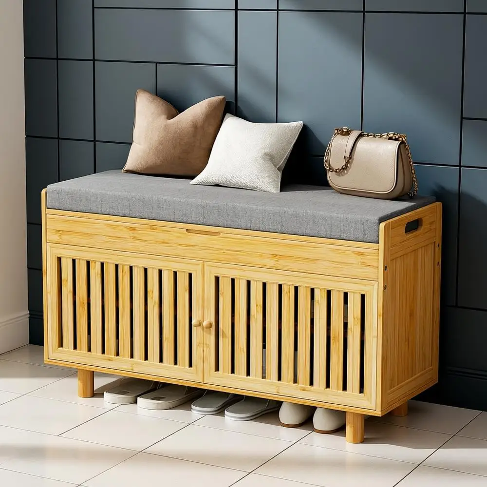 

Bamboo Shoe Storage Bench with Cushion, 2-Door Entryway Rack, 35.4W x 12.6D x 19.7H, Natural Finish, Living Room, Bedroom Storag
