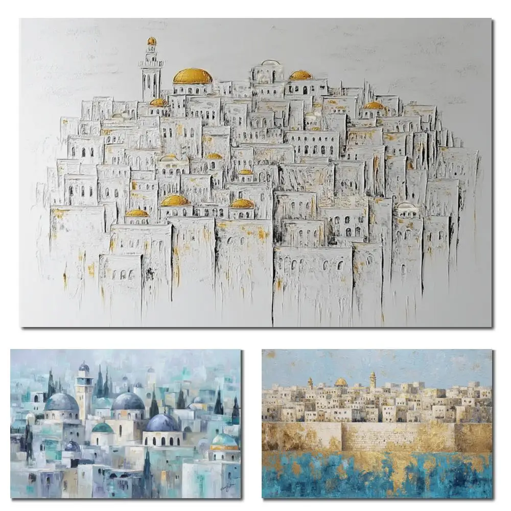 

Современная Иерусалимская картина, ручная роспись, текстурированный еврейский холст, современный декор для гостиной, большой еврейский подарок