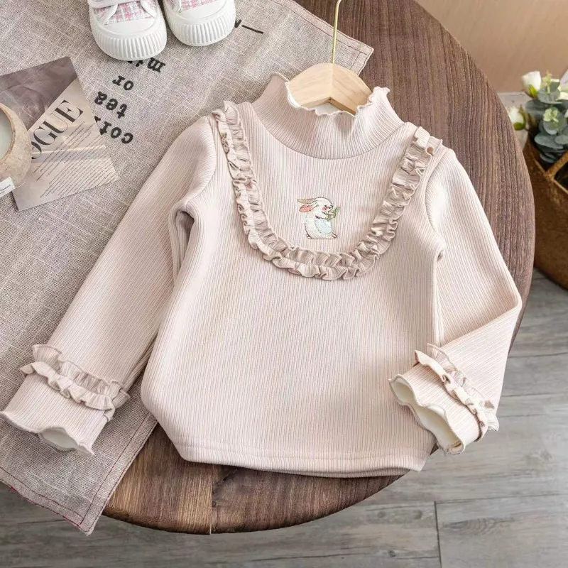 2023 Autumn/Winter New Children\'s Fashionable Plush Warm Sweater Girl Baby Embroidered One piece Plush Cartoon Bottom Shirt