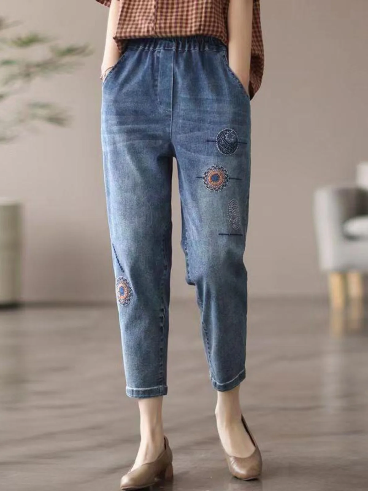 

High Waist Embroidered Nine-Tenths Harlan Jeans Women Summer Thin New Retro Loose Cabbage Pants Blue Cool Feeling