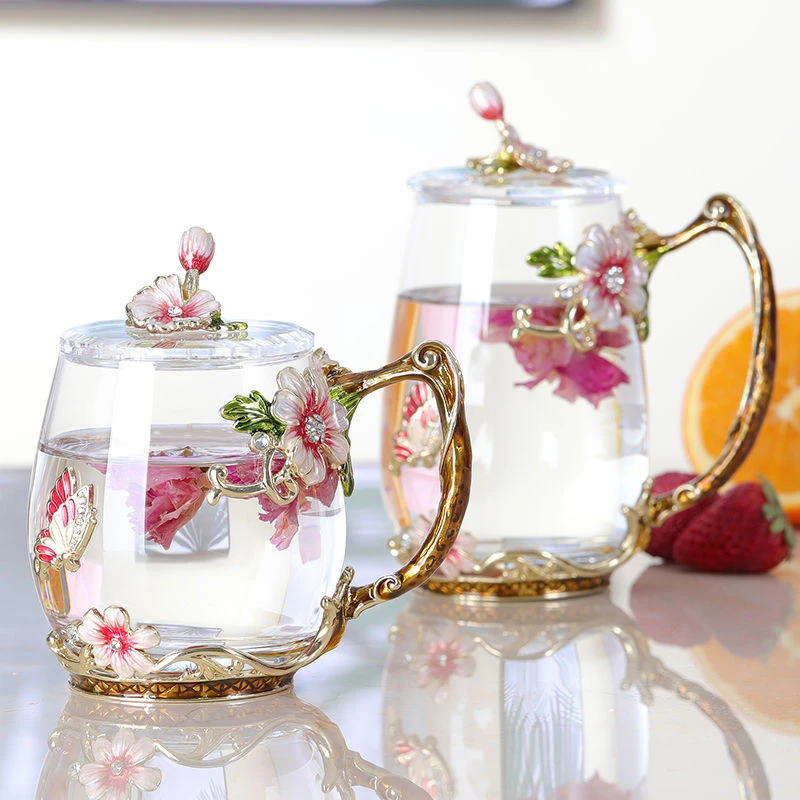 Beautiful Flower Tea Glass Mug Enamel Coffee Cup and Mug for Hot and Cold Drinks Home Tea Cup Spoon Set Perfect Gift for Mom