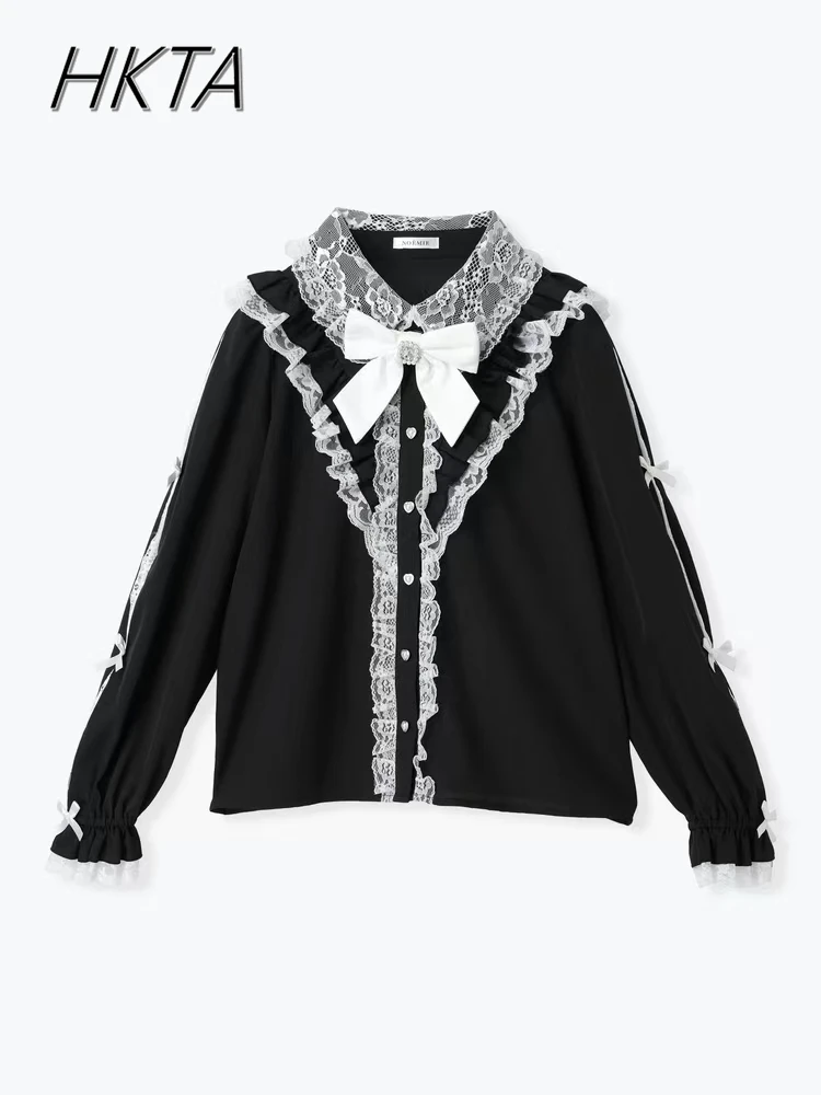 

Japanese Mine Shirt Sweet Bow Lapel Long-sleeved Shirts 2025 Spring New Lolita Blouse Black and White Camisas De Mujer Female