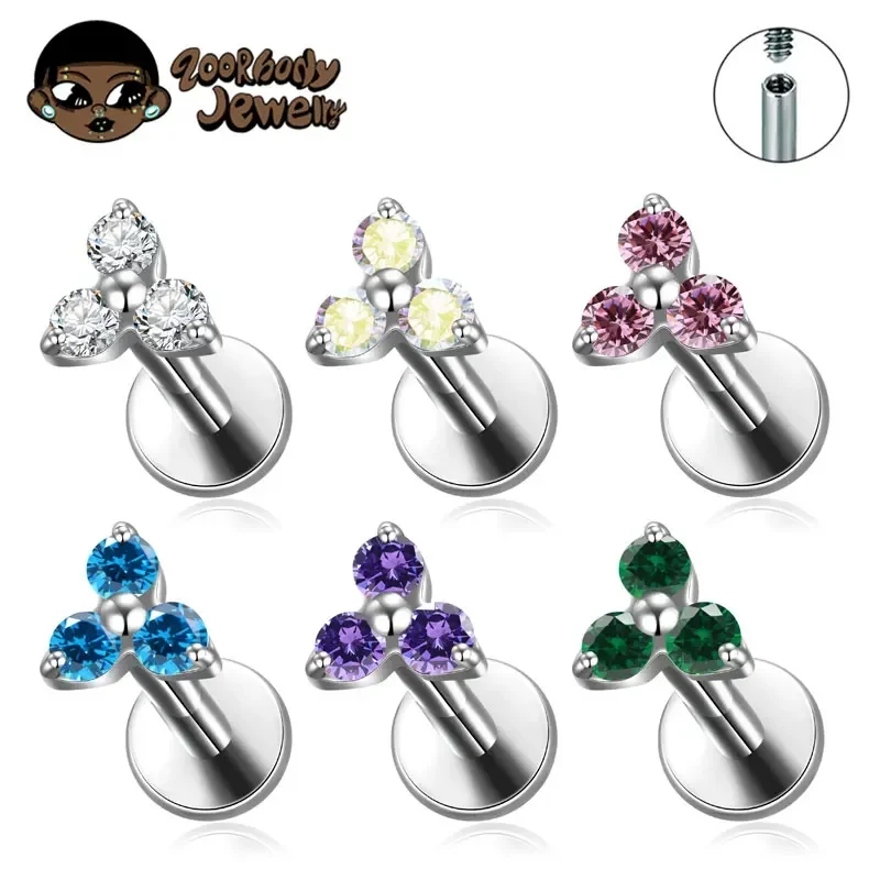 ASTM F136 Titanium Trinity Piercing Zirconia Paved Top Threaded Labret Studs Tragus Earrings Lip Tongue Stud Piercing Jewelry