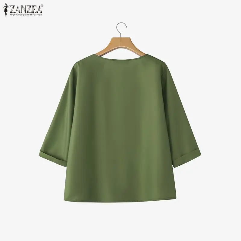 ZANZEA Camicette con maniche a 3/4 da donna casual Primavera Estate O-Collo Cartoon Deer Stampa Bottoni Top Abbigliamento quotidiano Abbigliamento donna 3XL