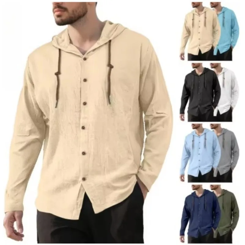 

Men's Lightweight Linen Hooded Henley Shirt Casual Long Sleeve Button-Up Drawstring Solid Color