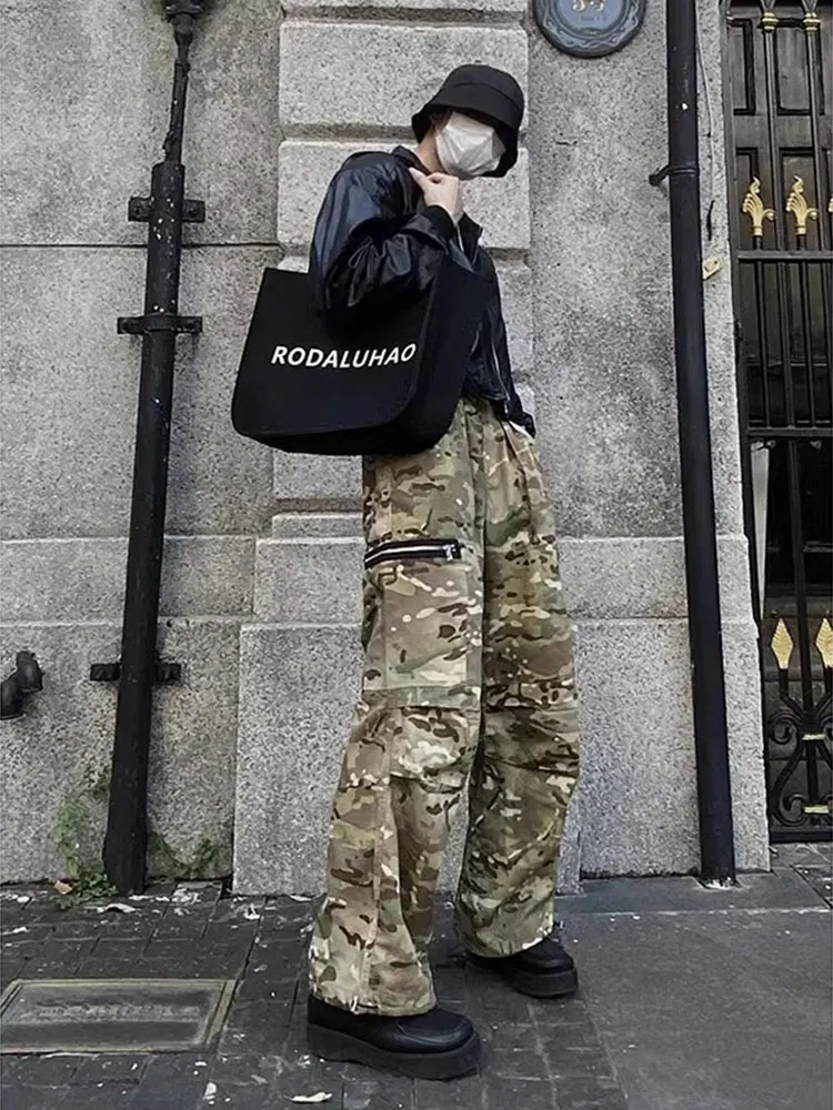 

Американские винтажные рабочие брюки с молнией и камуфляжным принтом, мужские весенне-осенние брюки в стиле хип-хоп, уличная одежда, повседневные свободные брюки