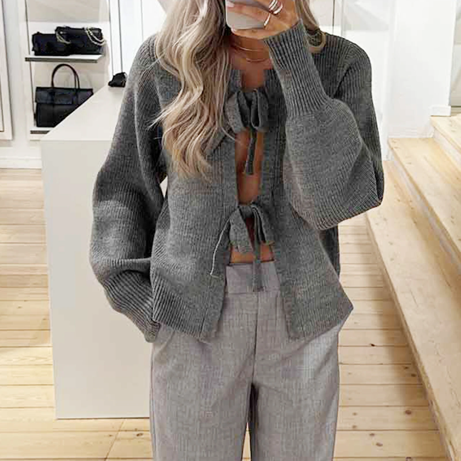 Fall Winter Knit Cardigan Women Ribbed Tie Front Long Sleeve Loose Sweater Solid Color Sweet Slim Coat Tops