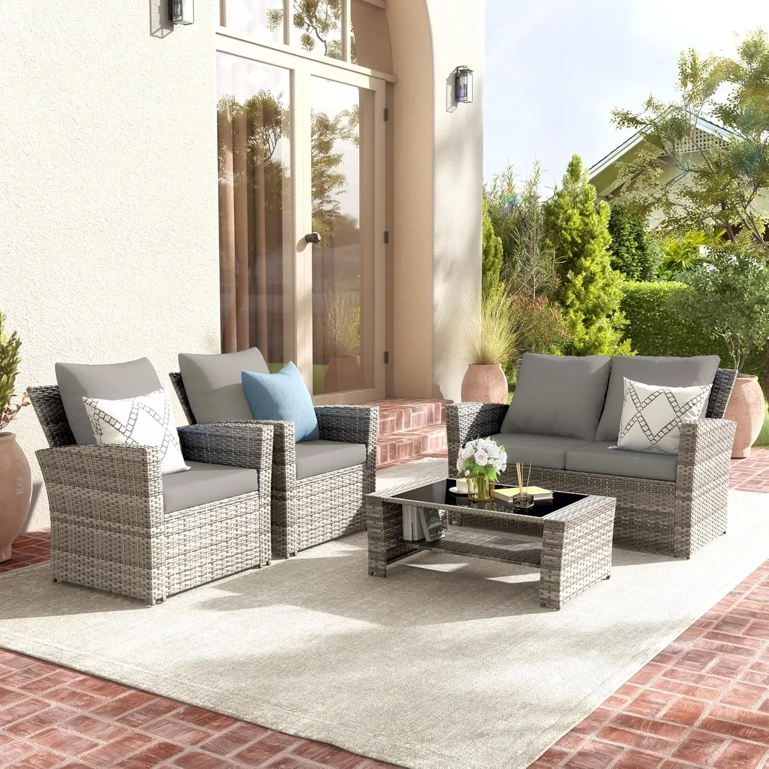 4 Piece Patio Furniture Set, Wicker Outdoor Furniture Sofa Sets, Gray PE Rattan Patio Conversation Set for Balcony, Porch, Grey