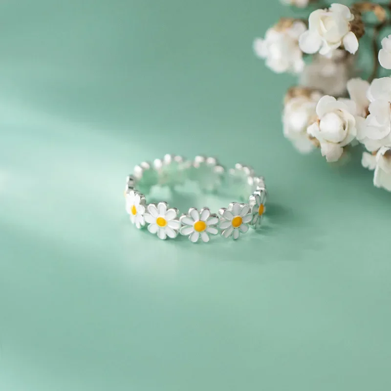 Korean Style Adjustable Opening Finger Ring Bride Wedding Engagement Statement Jewelry Gift Vintage Daisy Flower Rings Earrings