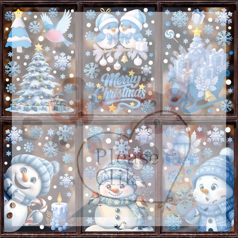 【HG】Christmas Window Stickers Static Electricity Stickers Snowman Santa Claus Snowflake Pattern Cartoon Home Holiday Party Deco