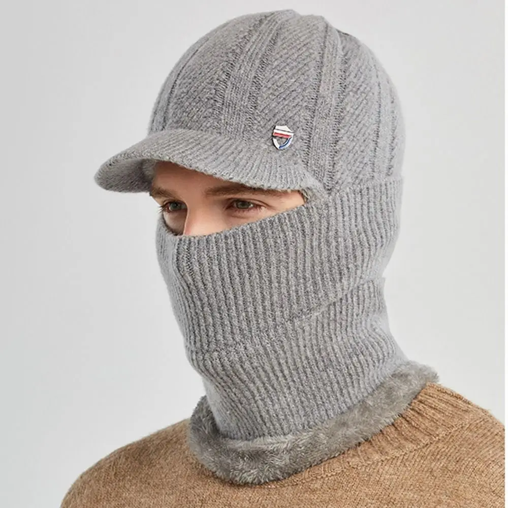 Soft Thickened Men Knitted Hat Hoodie Men 3 in 1 Winter Neckerchief Windproof with Mask Peaked Cap Outdoor