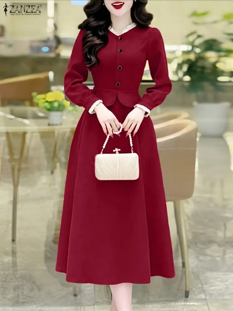 ZANZEA Женские элегантные комплекты из 2 предметов с юбкой Романтическая короткая рубашка с длинным рукавом и юбки-миди трапециевидной формы Костюмы Винтажные женские наряды 3XL