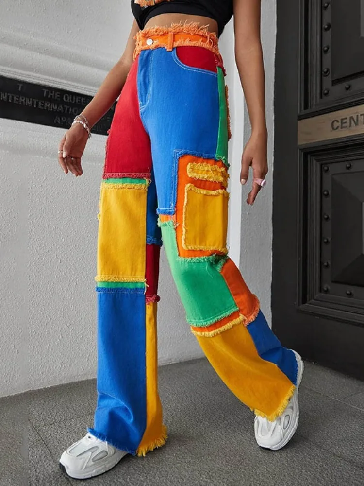 

UOOZEE женские модные лоскутные прямые джинсовые брюки контрастного цвета, новинка 2025 года, свободные уличные брюки с высокой талией на пуговицах