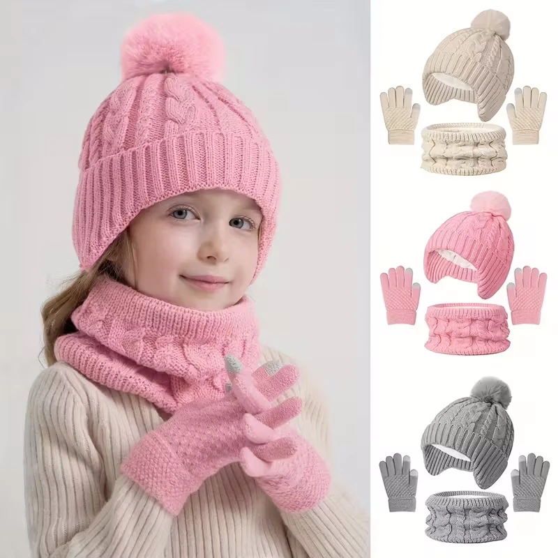 

3Pcs/set Children Hat Scarf Gloves Winter Plush Velvet Knitted Hats for Girls Boys Cute Pompom Beanie Kids Warmer Accessories