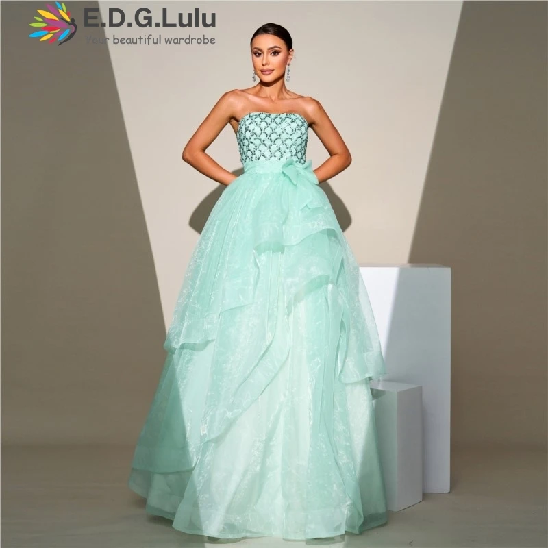 

EDGLuLu Glitter Print Patchwork Light Green Mesh Luxury Dress Women 2024 High Quality Elegant Cascading Ruffled Long Dress 1003