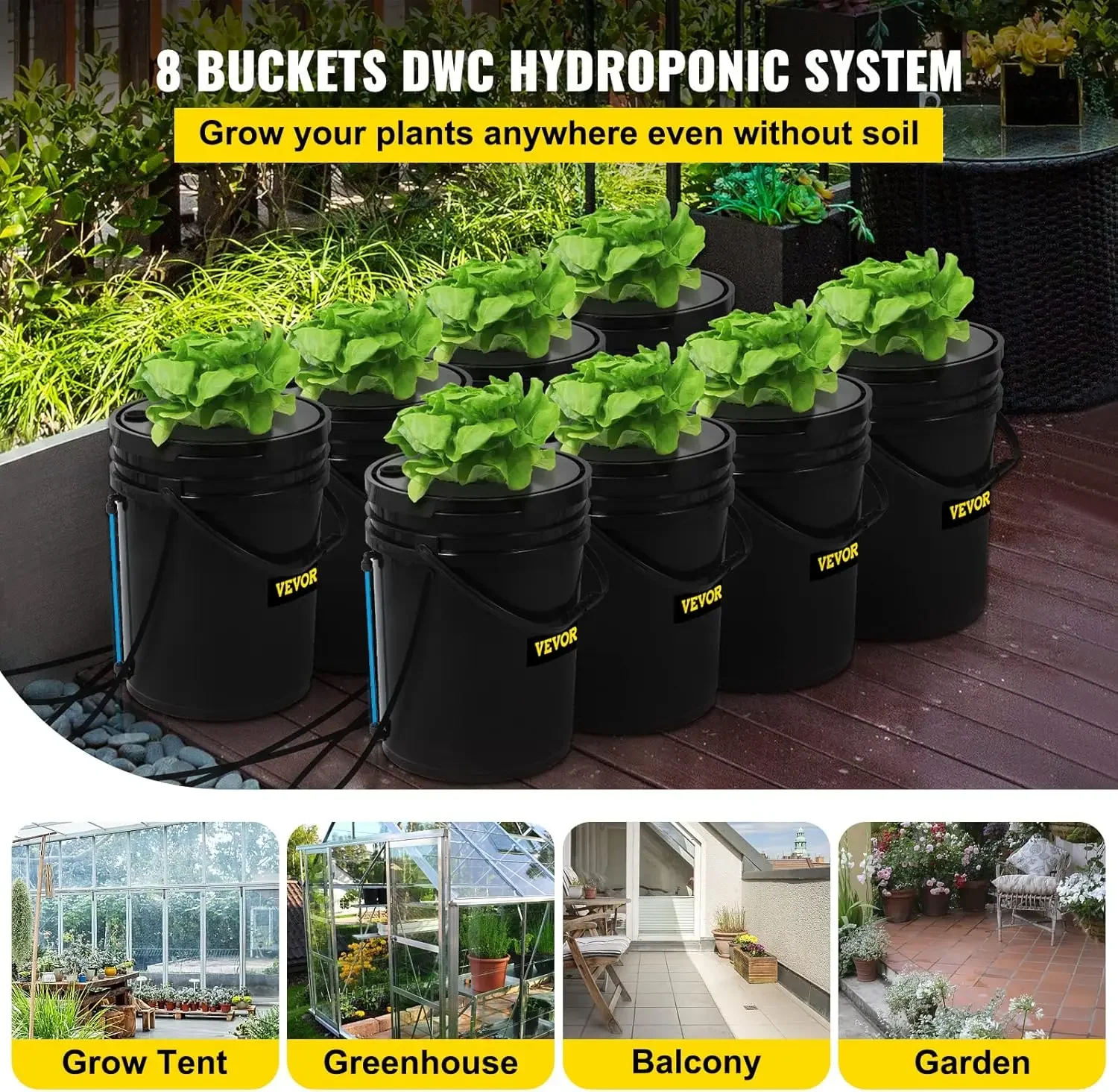 For DWC Hydroponic System, 5 Gallon 8 Buckets, Deep Water Culture Growing Bucket, Hydroponics Grow Kit with Pump