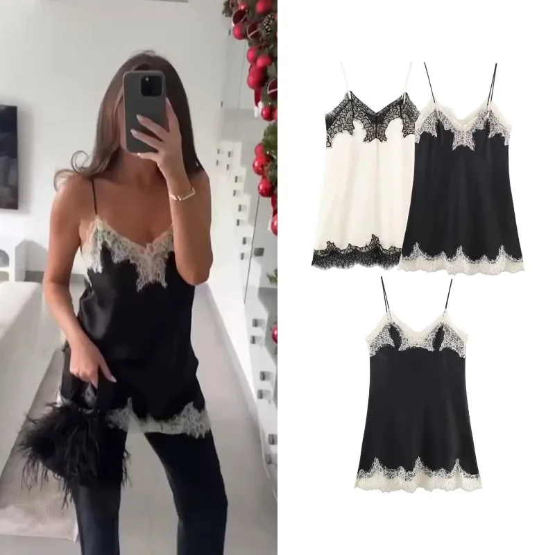 Damen Schwarzes Spitzenbesetztes Sling-Top Sommer Mode Kontrast V-Ausschnitt Ärmellos Spaghetti-Träger Top Elegantes Sexy Damen-Unterhemd