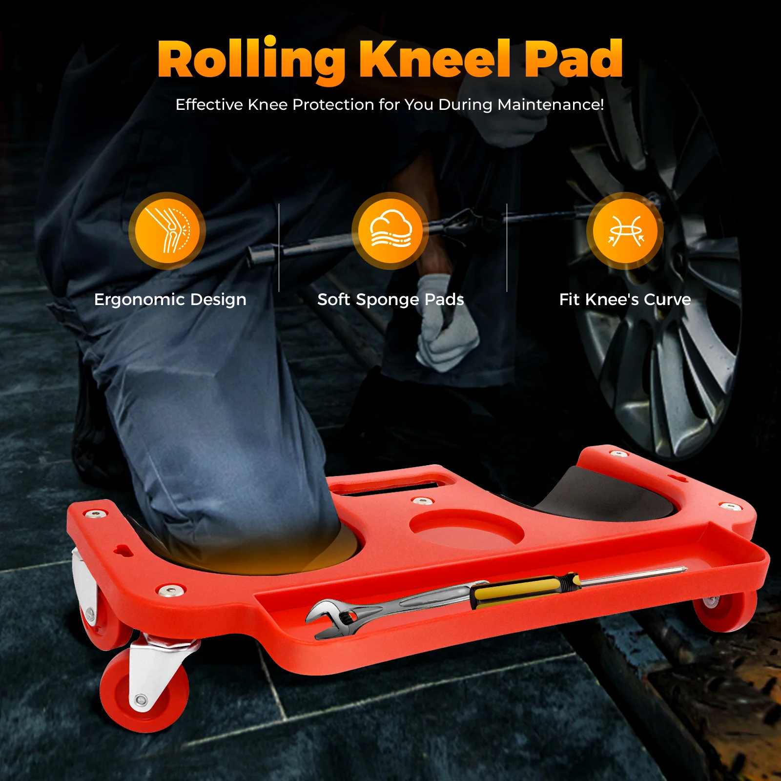 Rolling Knee Pad with Tool Tray, Sponge Cushioned Movable Knee Dolly with 5 Swivel Wheels for Gardening Tile Laying