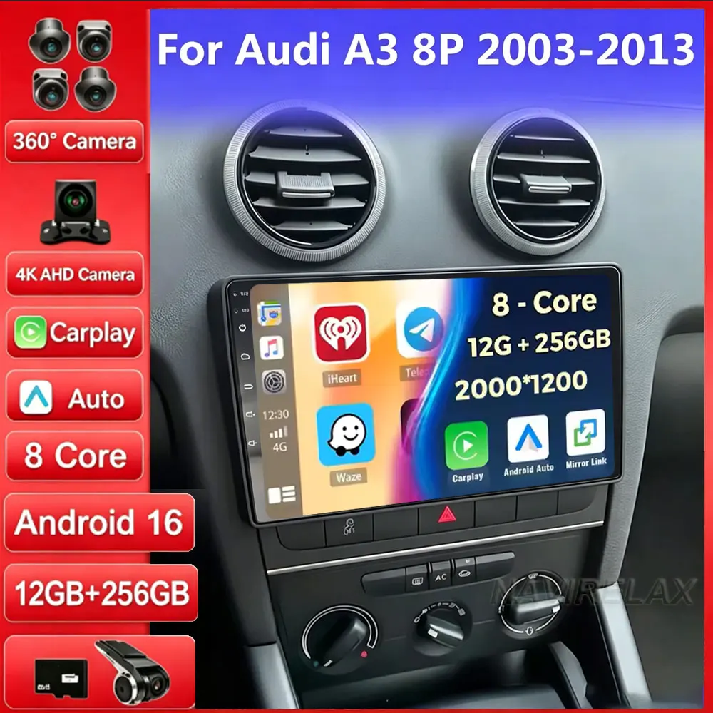 Android 16 Carplay Auto Car Radio For Audi A3 8P 2003-2013 2din Multimedia Player GPS Navigation Audio Stereo DSP 360 Camera 4G