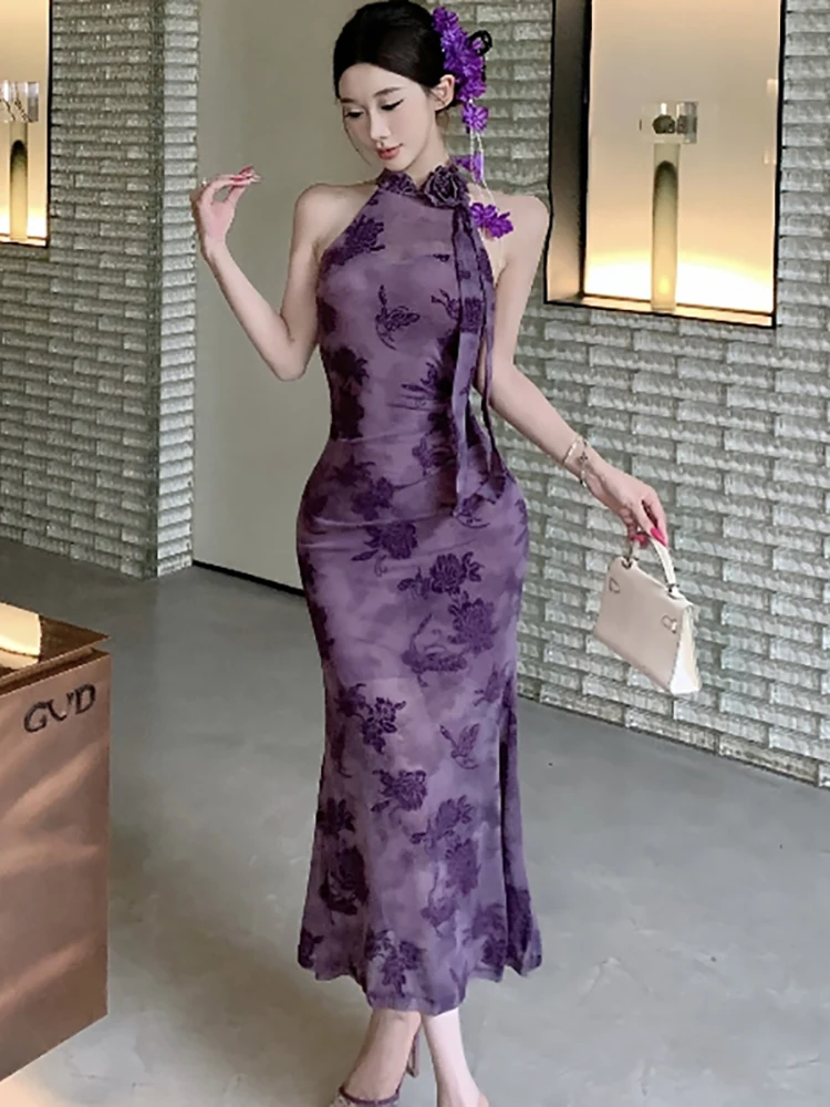 

2025 Purple Mesh Floral Stand Collar Long Dress Summer Elegant Neck-mounted Sexy Dress Women Korean Vintage Luxury Evening Dress