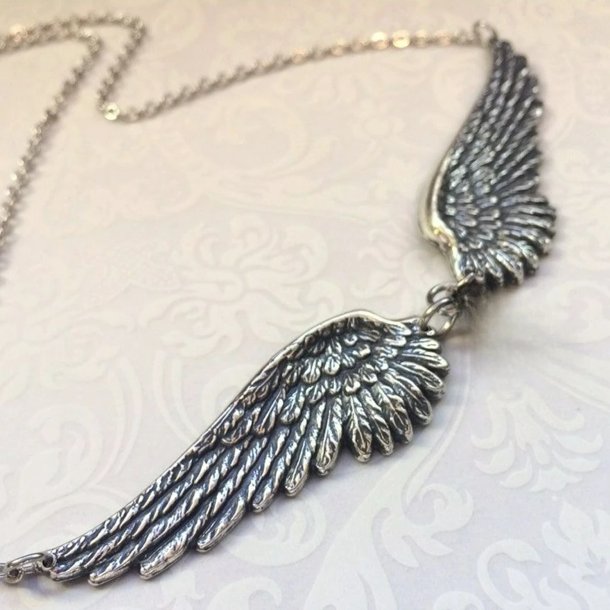 4styles Vintage Silver Color Angel Wings Feather Choker Big Pendant Chains Statement Necklace for Women Wedding Tribal Gifts