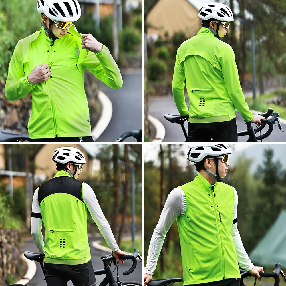 WOSAWE Mens Bike Jacket Long Sleeve Jersey Vest Wind Coat Windbreaker Jacket Windproof Outdoor Sportswear with Removable Sleeves