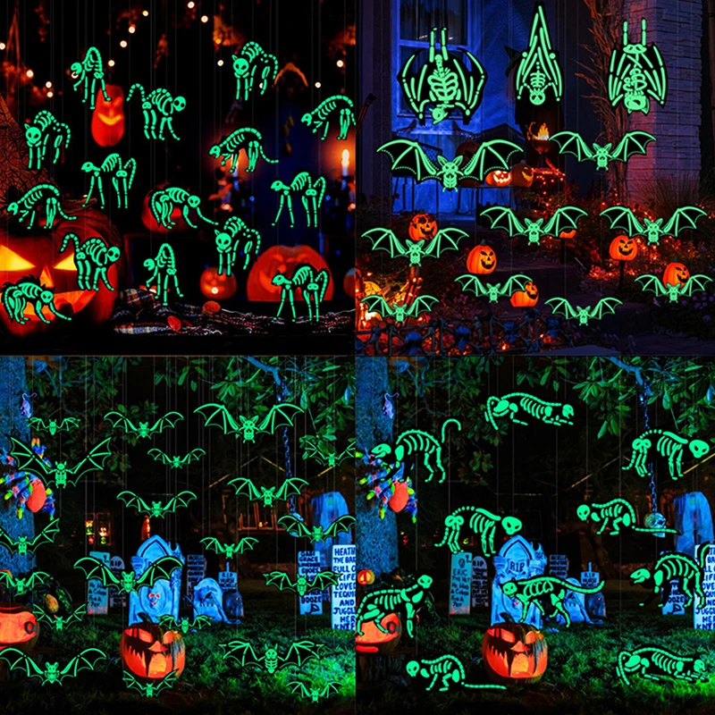 12 Stuks Halloween Skelet Vleermuis Opknoping Decoratie Glow-in-the-dark Nep Zwarte Vleermuis Muursticker Indoor Outdoor PET Lichtgevende Sticker