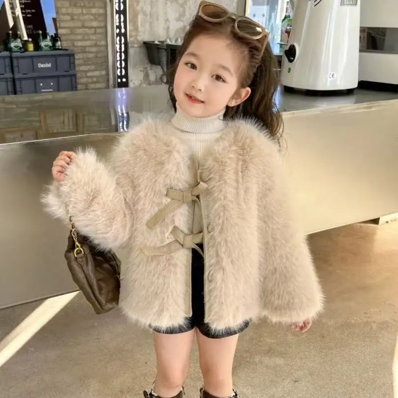 Winter Spring Autumn Outwear Baby Clothes 3-12Y Fashion Baby Girl Faux Fur Jacket Bow Tie Infant Toddler Child Warm Fluffy Coat