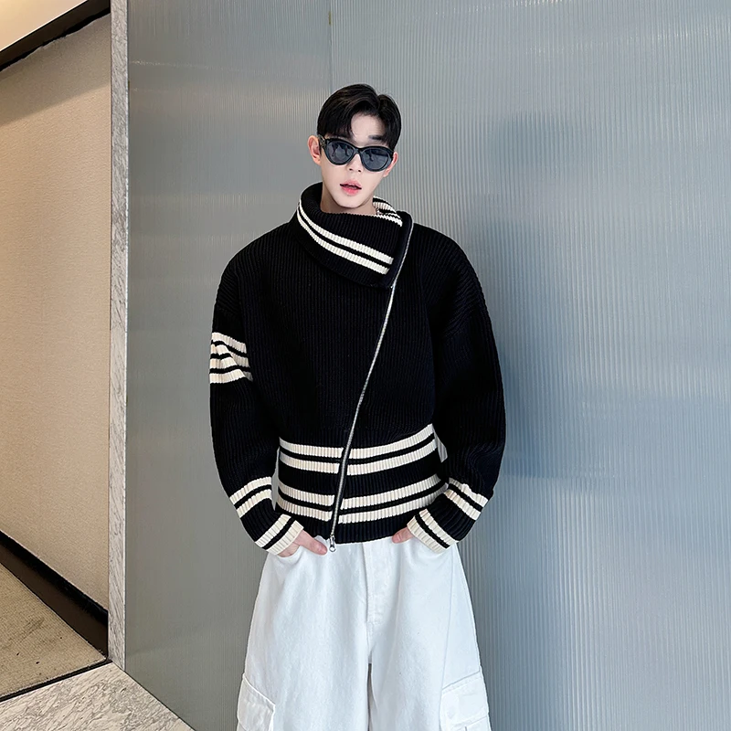 

High Collar Knitted Sweater Men Women ort Waist Inward Striped Zipper Autumn Winter Warm Casual Faion mid Length Cardigan