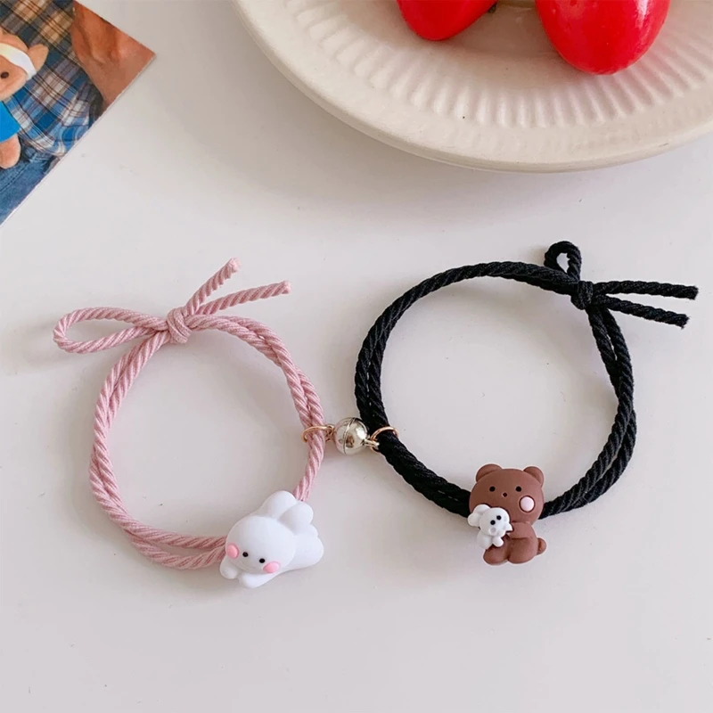 2pcs/set Mutual Attraction Elastic Rope & Rabbits Friendship Rope Bracelet Hand Rope Hair Ring Gift for Valentine's Day