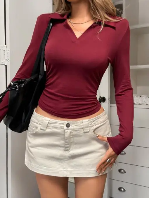 섹시하고 우아한 분위기의 긴팔 셔츠 여성 티셔츠 풀오버 탑 여성 의류 2025년 가을/겨울