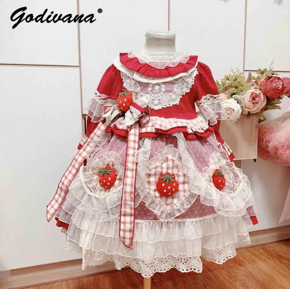 

Оригинальное платье для маленьких девочек в стиле испанской Лолиты, ручной работы, с клубничным кружевом и бантом, с длинными рукавами, на день рождения