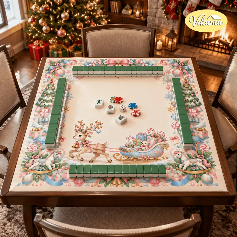 ChristmasDeer Sleigh Mahjong Table MatNon Slip FoldableLiving RoomFamily Game NightHoliday Home Decor