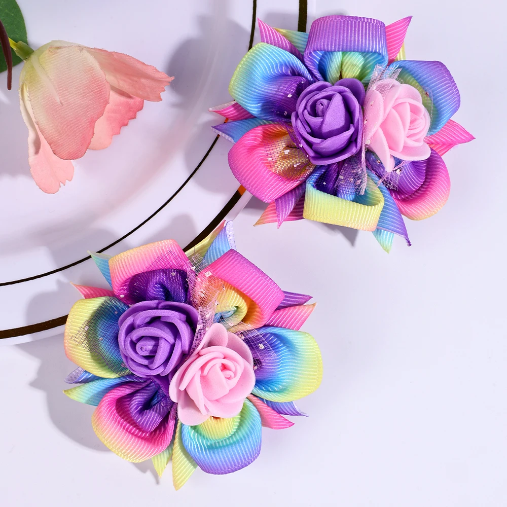 2pcs/Pack Kids' Rainbow Gradient Woven Ribbon Foam Flower Hair Clips, Children's Hair Accessories Hair Clips Hairbows for Girls