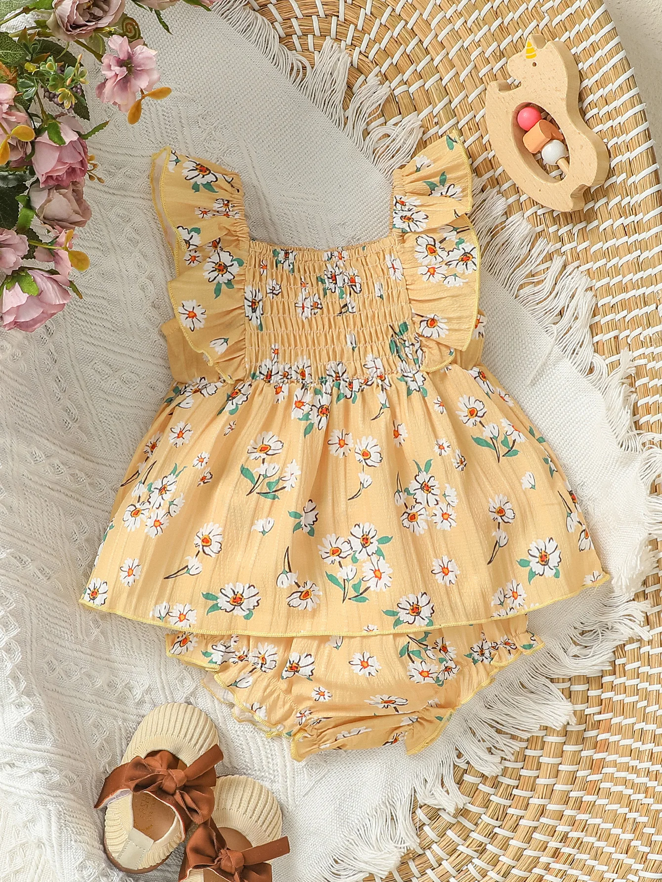 Kids Baby Girl 2Pcs Summer Sleeveless Printing Floral  Square Collar For Vacation Overskirt Outfits