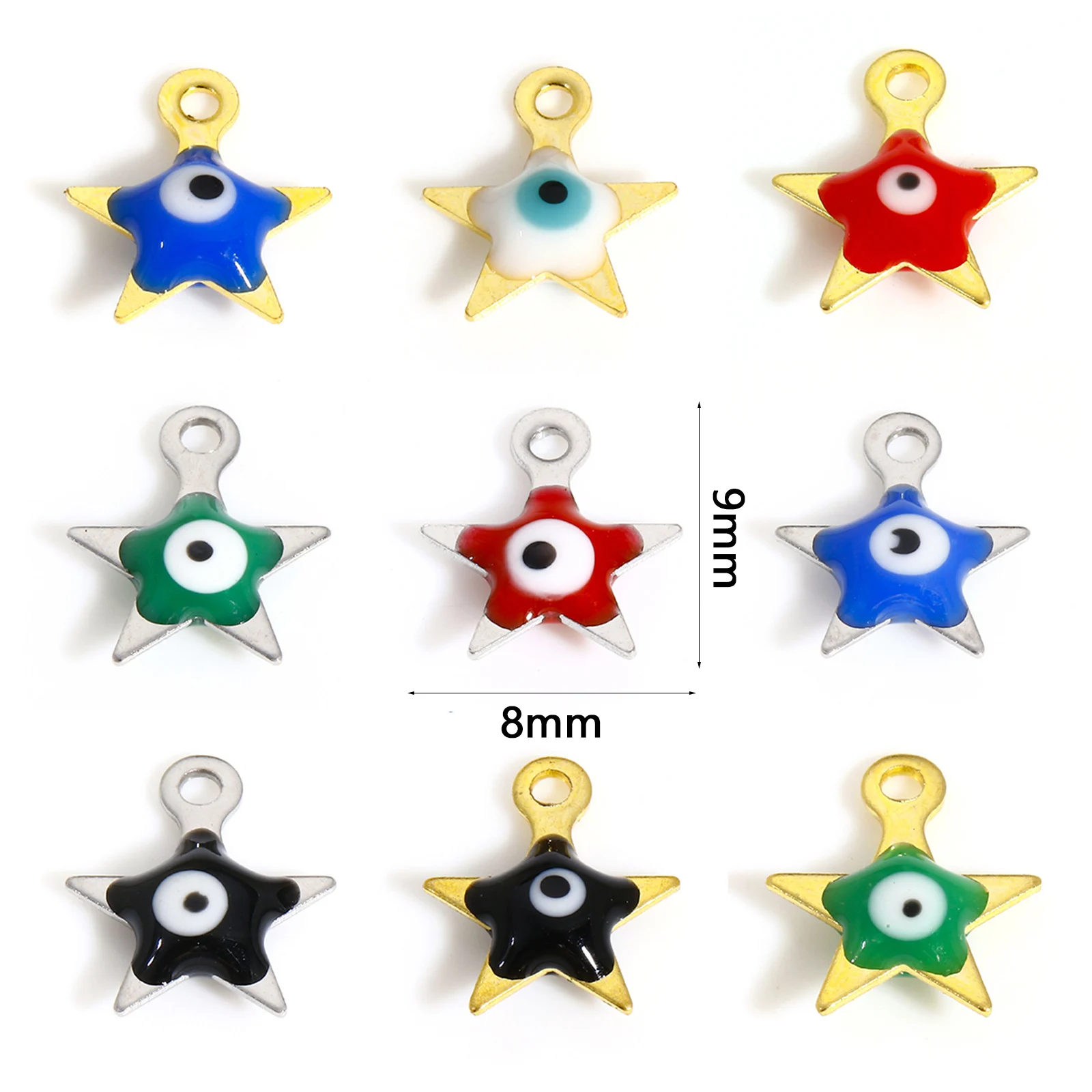 10 PCs Pentagram Star Charms Evil Eye Double-sided Enamel Stainless Steel Religious Pendants Charms for Jewelry Making 9mm x 8mm