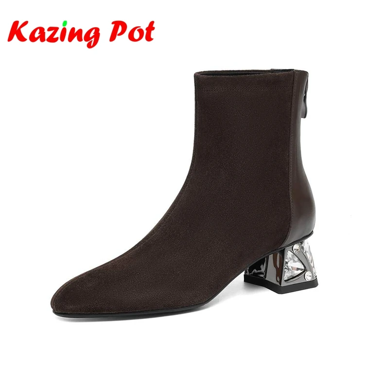 Krazing Pot Vintage Cow Suede Square Toe Med Heels Chelsea Boots Vintage Keep Warm Winter Shoes Crystal Med Heels Ankle Boots