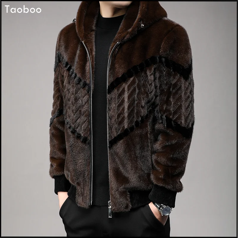 Taoboo Vintage Style Men's Coat 2024 New Striped Winter Jackets Fake Mink Fur Casual Warm Jacket Hooded High-end Men's clothing