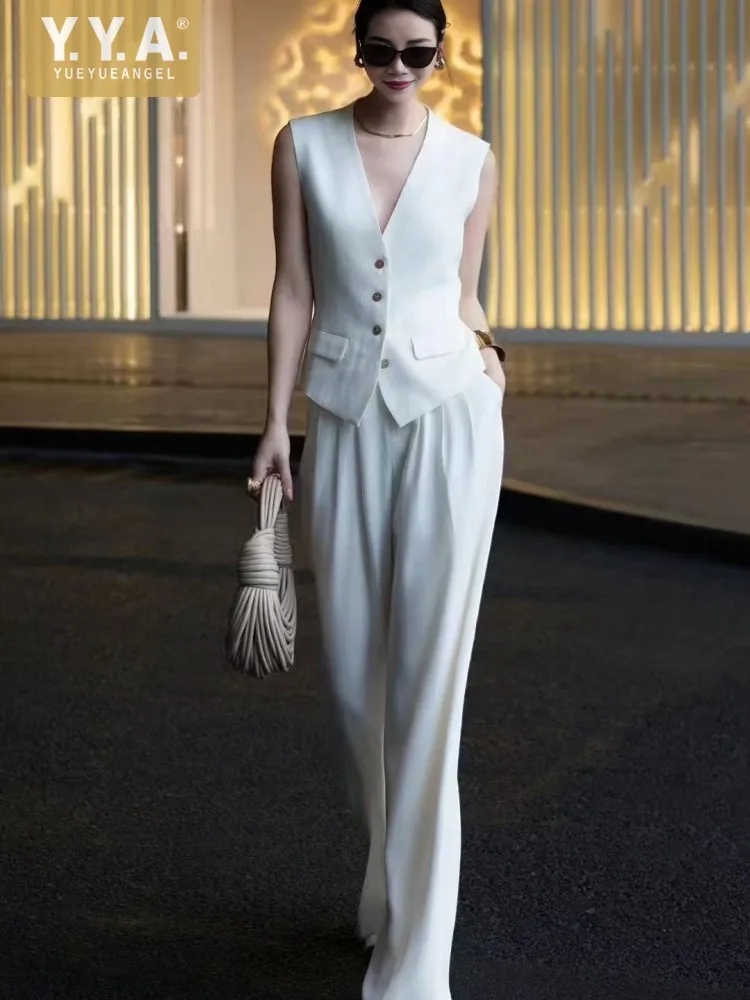 

Summer Women Skin Friendly Linen Vest Sets Wide Leg Pant Two-Piece Set V-Neck Sleeveless Tops Elastic Waist Full Length Trousers